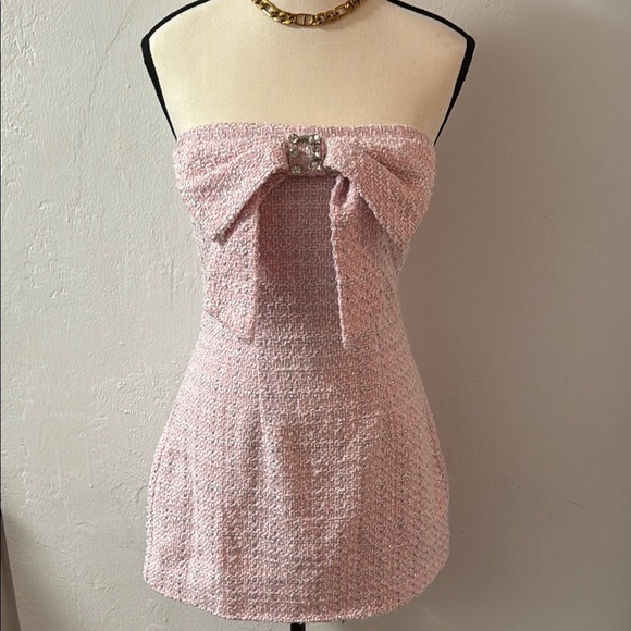 Fashion Nova Dresses & Skirts - NWOT Tweed Pink Strapless Dress With Bow